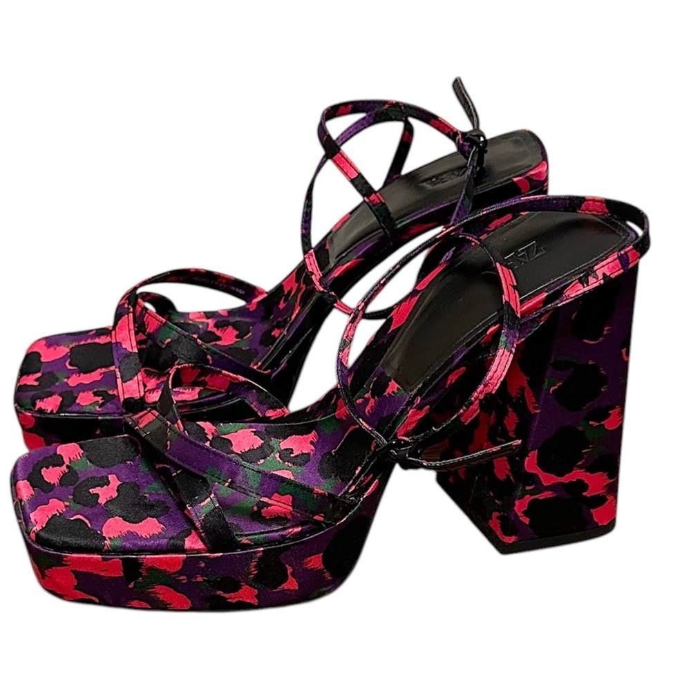 ZARA Square toe Block Heels Platform Floral Sandals